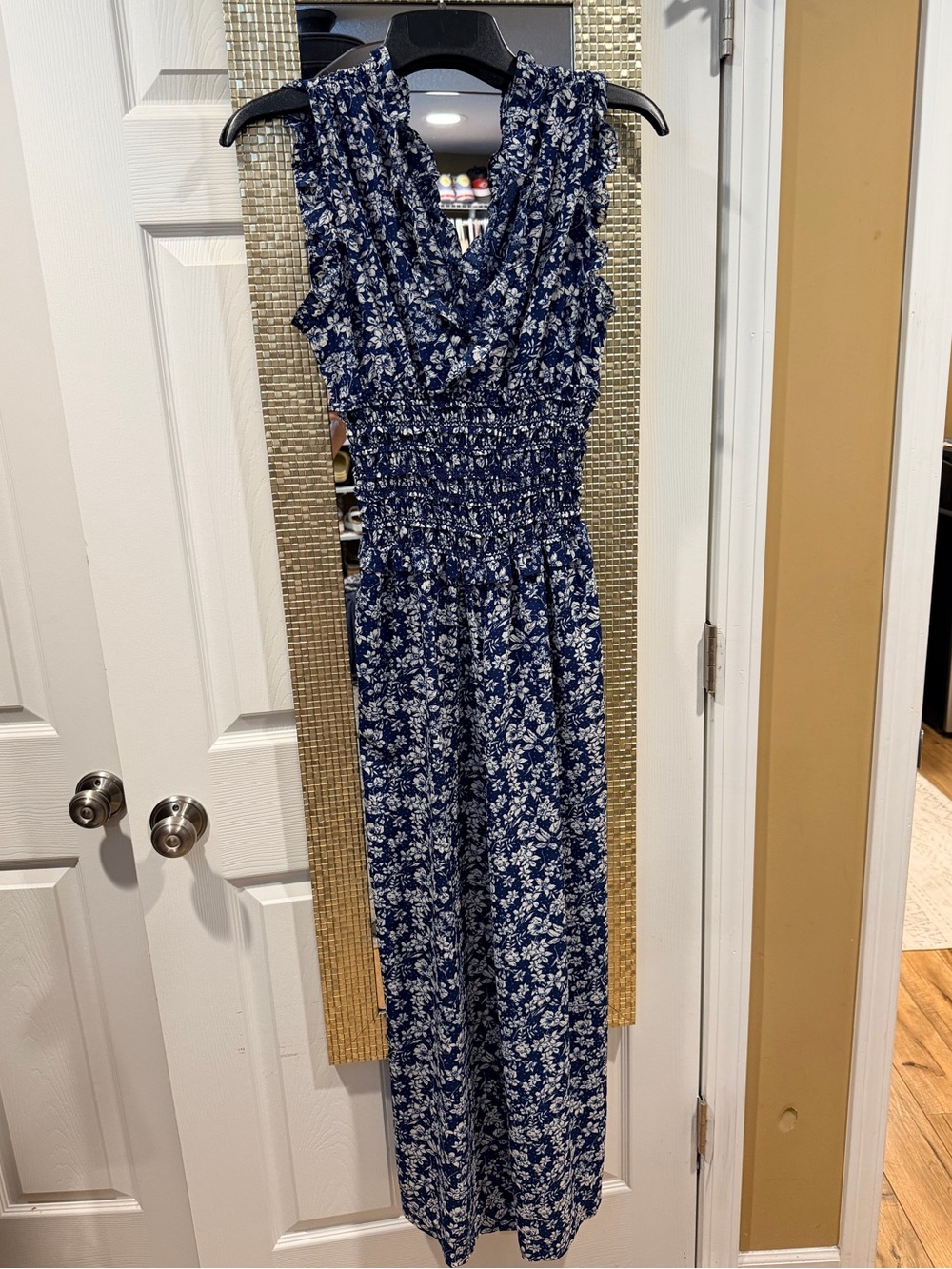 Max Studio Navy and White Floral Smocked-Waist Jumpsuit